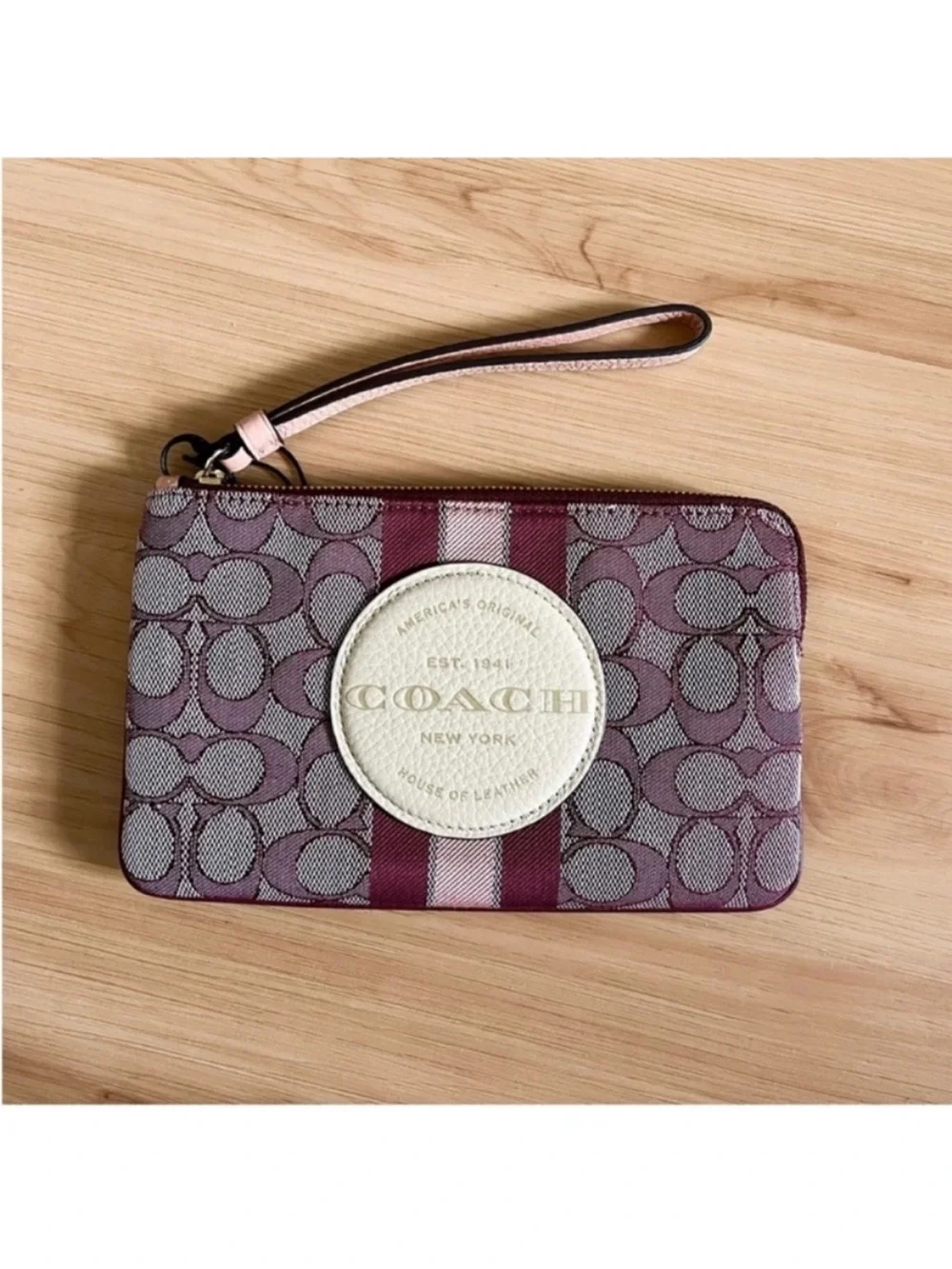 Coach Dempsey Large Corner Zip Wristlet In Signature Jacquard With Stripe